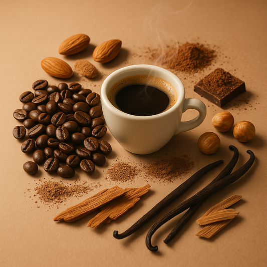 Casa De Lumière eco-luxury wax melts – Café Noir fragrance (espresso, coffee liqueur, cocoa, vanilla). Hand-poured in Cheshire, UK. Visual representation of fragrance notes.