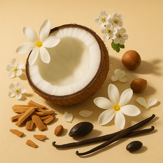 Casa De Lumière eco-luxury wax melts – Côte Enchantée fragrance (coconut, tiare flower, sandalwood, vanilla). Hand-poured in Cheshire, UK. Visual representation of fragrance notes.