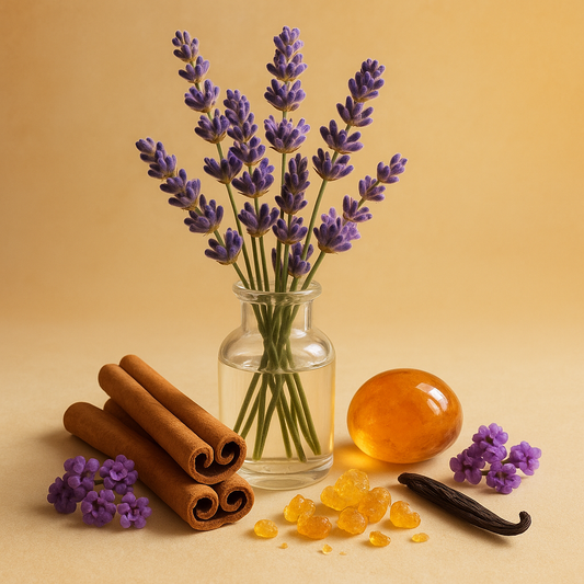 Casa De Lumière eco-luxury wax melts – Étreinte fragrance (lavender, cinnamon, myrrh, amber, suede). Hand-poured in Cheshire, UK. Visual representation of fragrance notes.