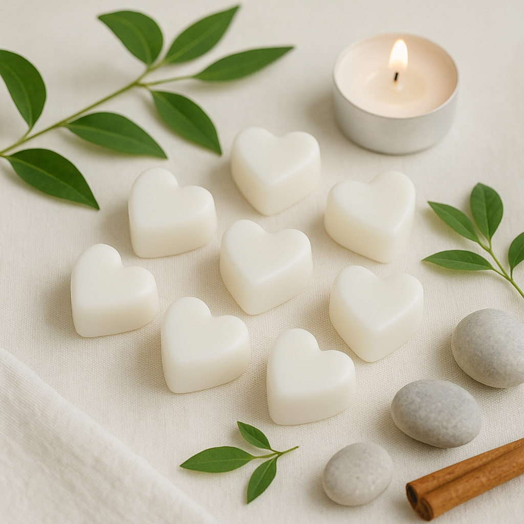 Casa De Lumière Harmony Essence Discovery Set featuring Bells in Bloom, Velvet Bloom, Peony Muse, and Obsidian Bloom heart-shaped wax melts in eco glassine bags.