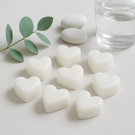 Casa De Lumière Purify Essence Discovery Set featuring Littoral Haze, Whispering Pines, Tibetan Bloom, and Bells in Bloom heart-shaped wax melts in eco glassine bags.