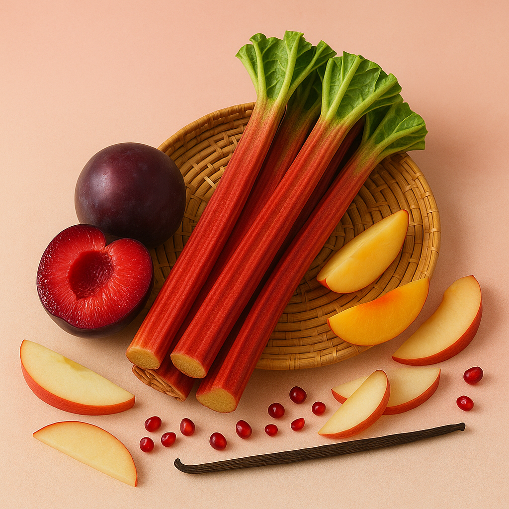 Casa De Lumière eco-luxury wax melts – Rhuberry Bliss fragrance (black plum, rhubarb, peach, vanilla). Hand-poured in Cheshire, UK. Visual representation of fragrance notes.