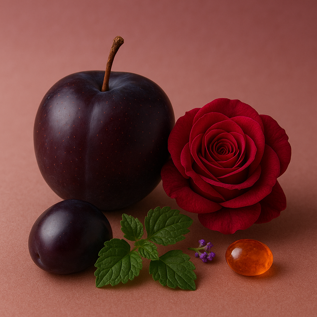 Casa De Lumière eco-luxury wax melts – Velvet Bloom fragrance (damson plum, rose, patchouli). Hand-poured in Cheshire, UK. Visual representation of fragrance notes.