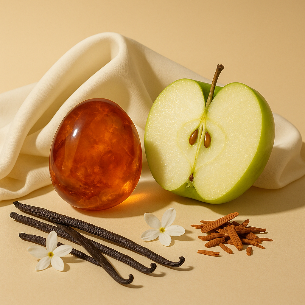 Casa De Lumière eco-luxury wax melts – Velvet Rise fragrance (ivory florals, amber, musk, sandalwood). Hand-poured in Cheshire, UK. Visual representation of fragrance notes.