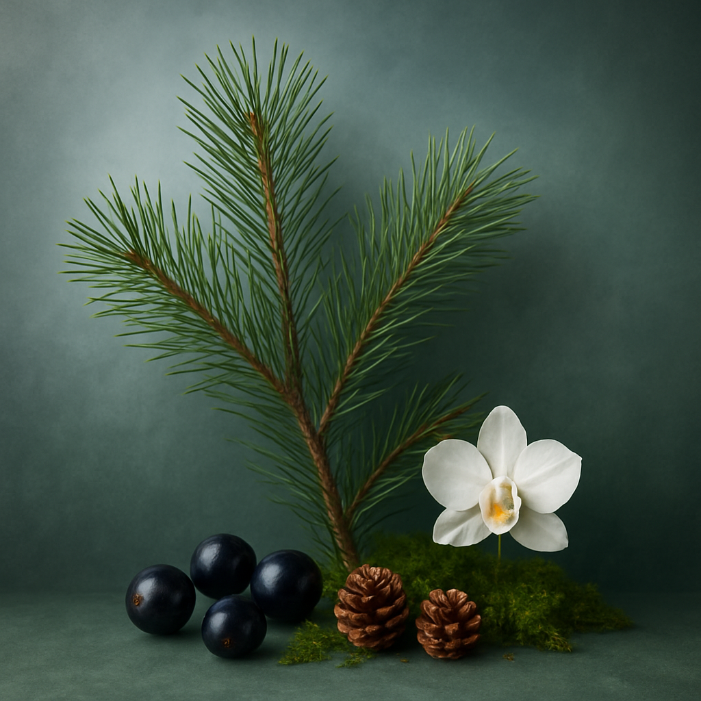 Casa De Lumière eco-luxury wax melts – Whispering Pines fragrance (pine, spruce, eucalyptus, cedarwood). Hand-poured in Cheshire, UK. Visual representation of fragrance notes.