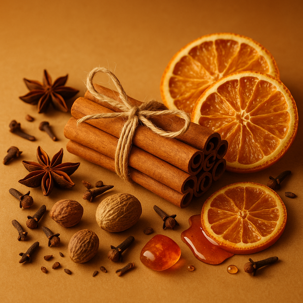 Eco-luxury wax melts – Jolly Spice fragrance (orange, mandarin, cinnamon, clove, nutmeg). Hand-poured in Cheshire by Casa De Lumière.