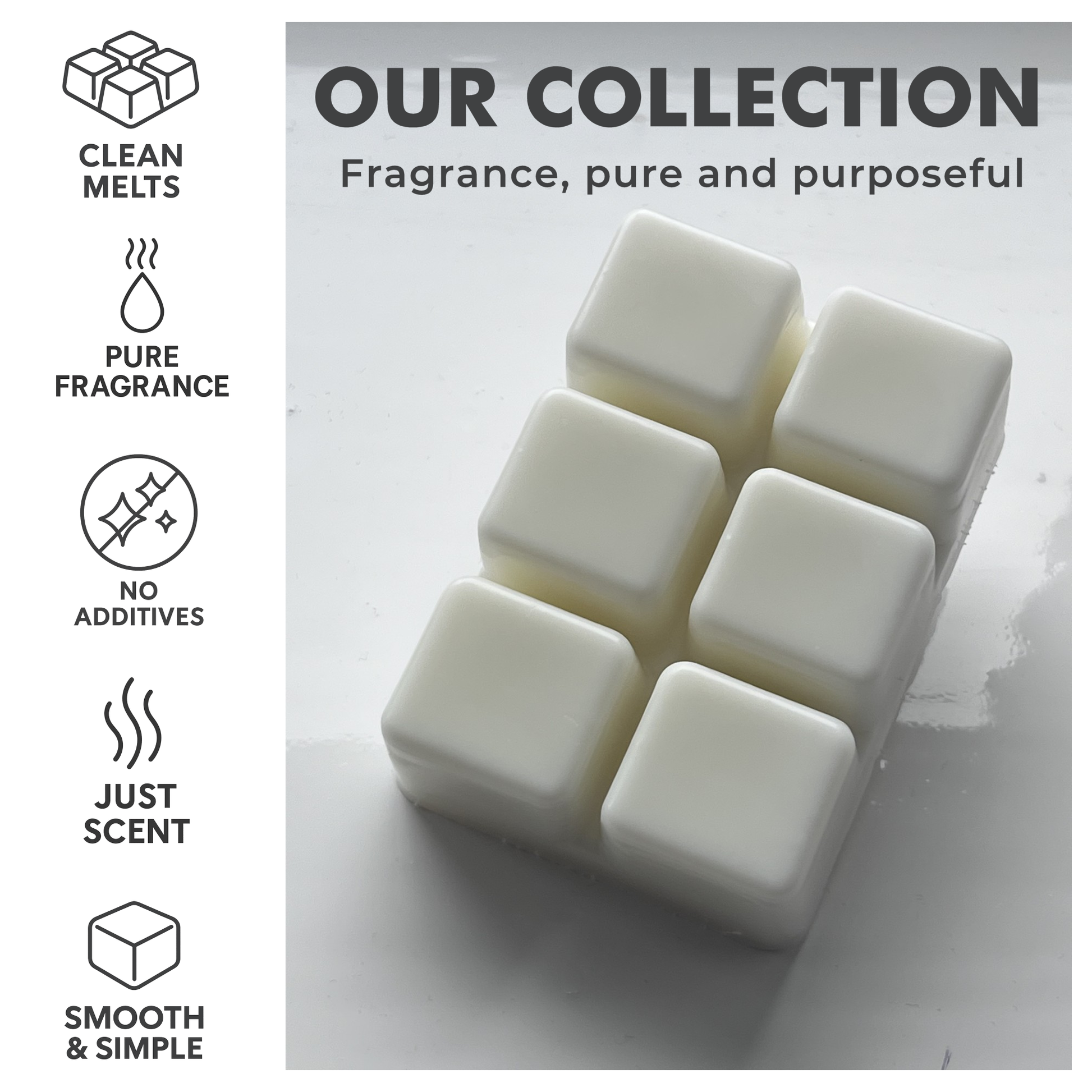 Casa De Lumière eco-luxury wax melts – Our Collection. Clean melts, pure fragrance, no additives, just scent. Smooth and simple design with brand tagline “Fragrance, pure and purposeful.”