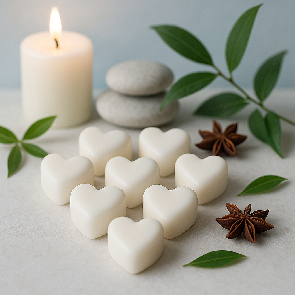 Casa De Lumière Serenity Essence Discovery Set - heart-shaped wax melts in glassine bags featuring Silva Linen, Silken Echo, Velvet Rise, and Noctera fragrances.