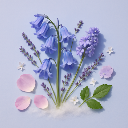 Casa De Lumière eco-luxury wax melts – Bells in Bloom fragrance (bluebell, hyacinth, rose, soft musk). Hand-poured in Cheshire, UK. Visual representation of fragrance notes.