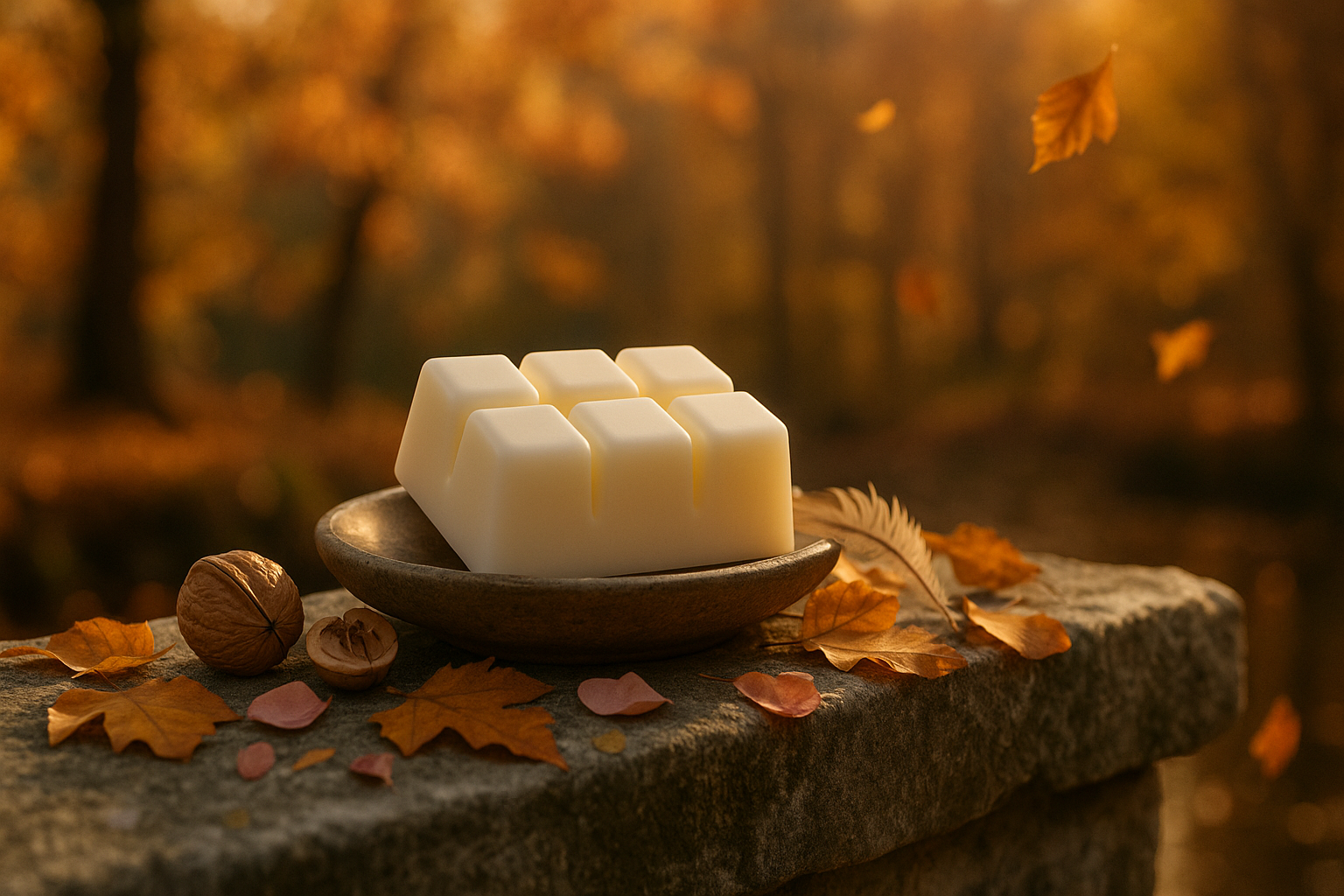 Casa De Lumière wax melt bar in a wooden bowl, styled with autumn leaves and walnuts outdoors in warm golden light.