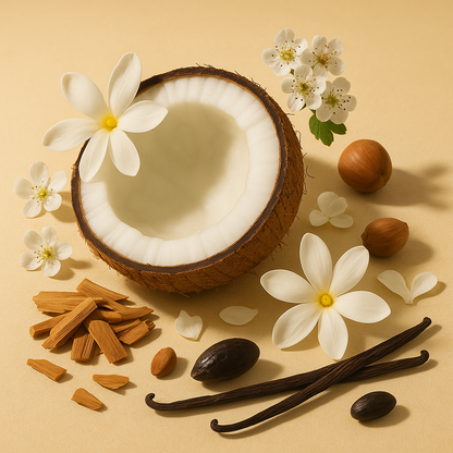 Casa De Lumière eco-luxury wax melts – Côte Enchantée fragrance (coconut, tiare flower, sandalwood, vanilla). Hand-poured in Cheshire, UK. Visual representation of fragrance notes.