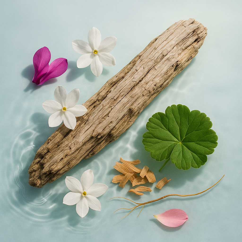 Casa De Lumière eco-luxury wax melts – Driftveil fragrance (marine breeze, jasmine, cedarwood, vetiver). Hand-poured in Cheshire, UK. Visual representation of fragrance notes.