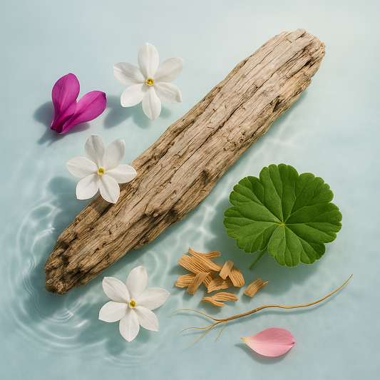 Casa De Lumière eco-luxury wax melts – Driftveil fragrance (marine breeze, jasmine, cedarwood, vetiver). Hand-poured in Cheshire, UK. Visual representation of fragrance notes.