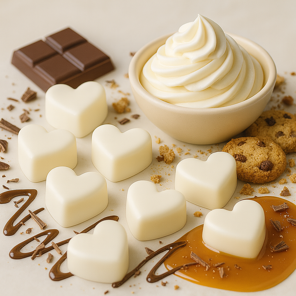 Casa De Lumière Gourmand Discovery Set featuring Vanilla Grove, Café Noir, Baked Gingerbread, and Peppermint Twist heart-shaped wax melts in eco glassine bags.