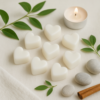 Casa De Lumière Harmony Essence Discovery Set featuring Bells in Bloom, Velvet Bloom, Peony Muse, and Obsidian Bloom heart-shaped wax melts in eco glassine bags.