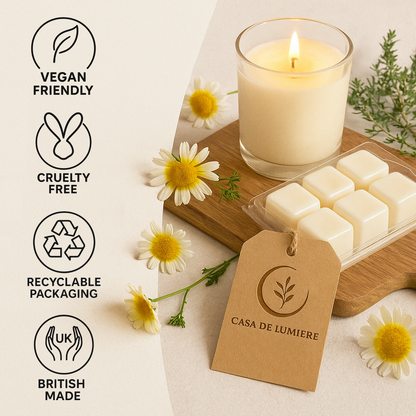 Casa De Lumière eco-luxury wax melts and candle displayed with chamomile flowers and branded kraft tag. Brand values shown: vegan friendly, cruelty free, recyclable packaging, British made.