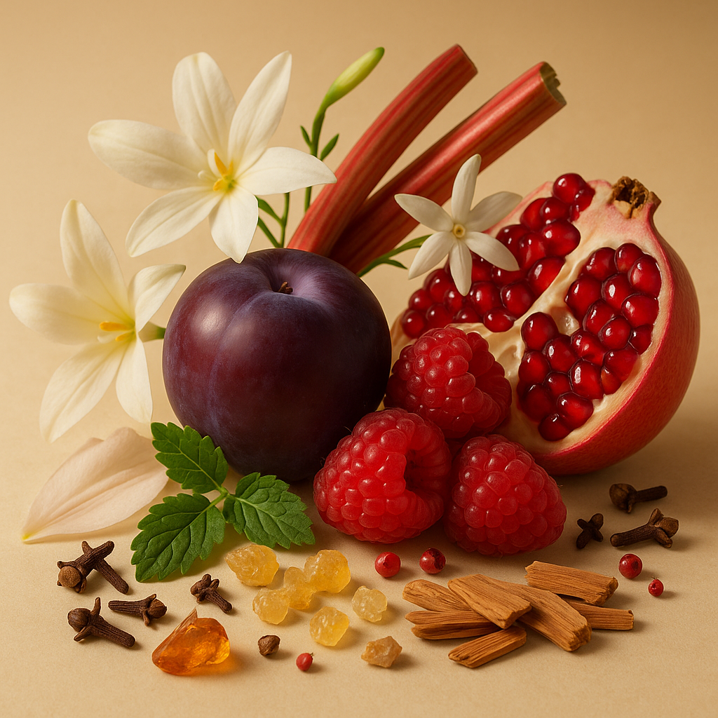 Casa De Lumière eco-luxury wax melts – Incensia fragrance (plum, jasmine, frankincense, amber, woods). Hand-poured in Cheshire, UK. Visual representation of fragrance notes.