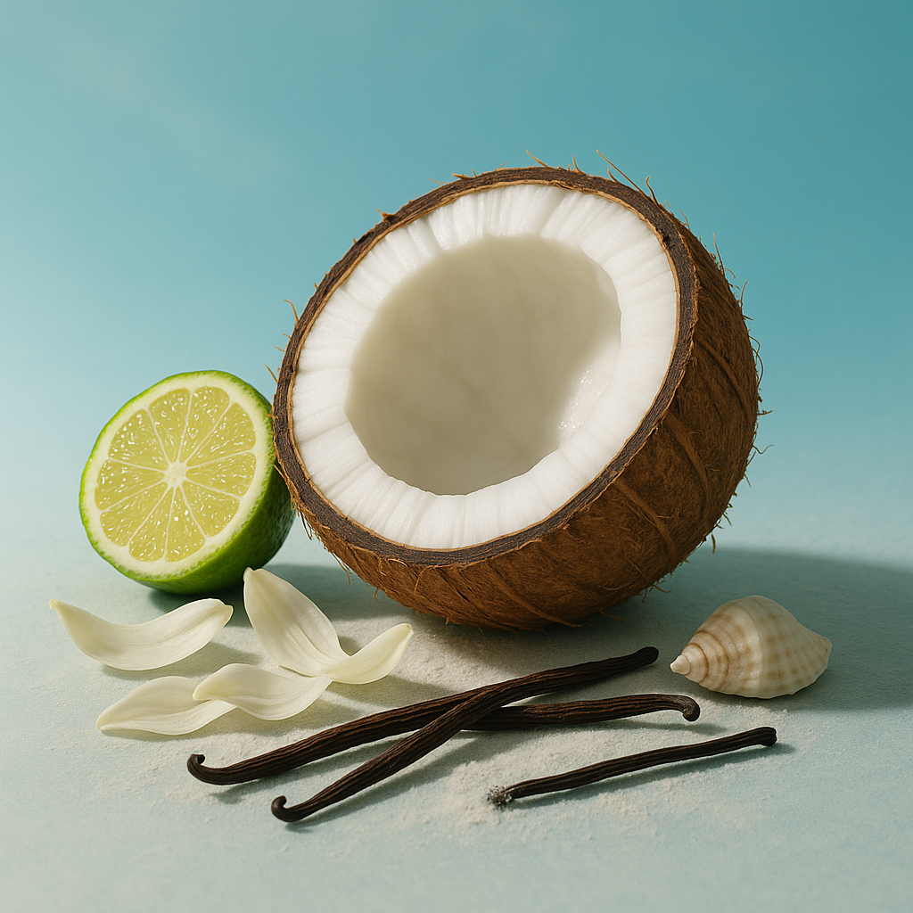 Casa De Lumière eco-luxury wax melts – Isla Véla fragrance (coconut, bergamot, lily, ocean air). Hand-poured in Cheshire, UK. Visual representation of fragrance notes.