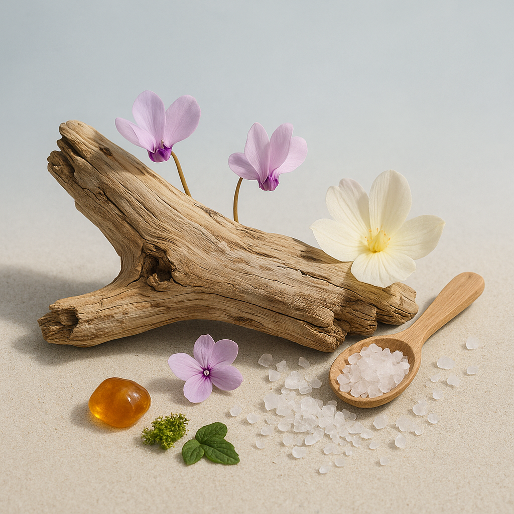 Casa De Lumière eco-luxury wax melts – Littoral Haze fragrance (rock salt, driftwood, waterlily, amber). Hand-poured in Cheshire, UK. Visual representation of fragrance notes.