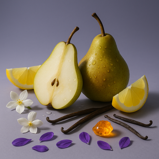 Casa De Lumière eco-luxury wax melts – Noctera fragrance (pear, lemon, jasmine, violet, amber). Hand-poured in Cheshire, UK. Visual representation of fragrance notes.