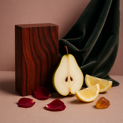 Casa De Lumière eco-luxury wax melts – Obsidian Bloom fragrance (rosewood, velvet, plum, amber). Hand-poured in Cheshire, UK. Visual representation of fragrance notes.