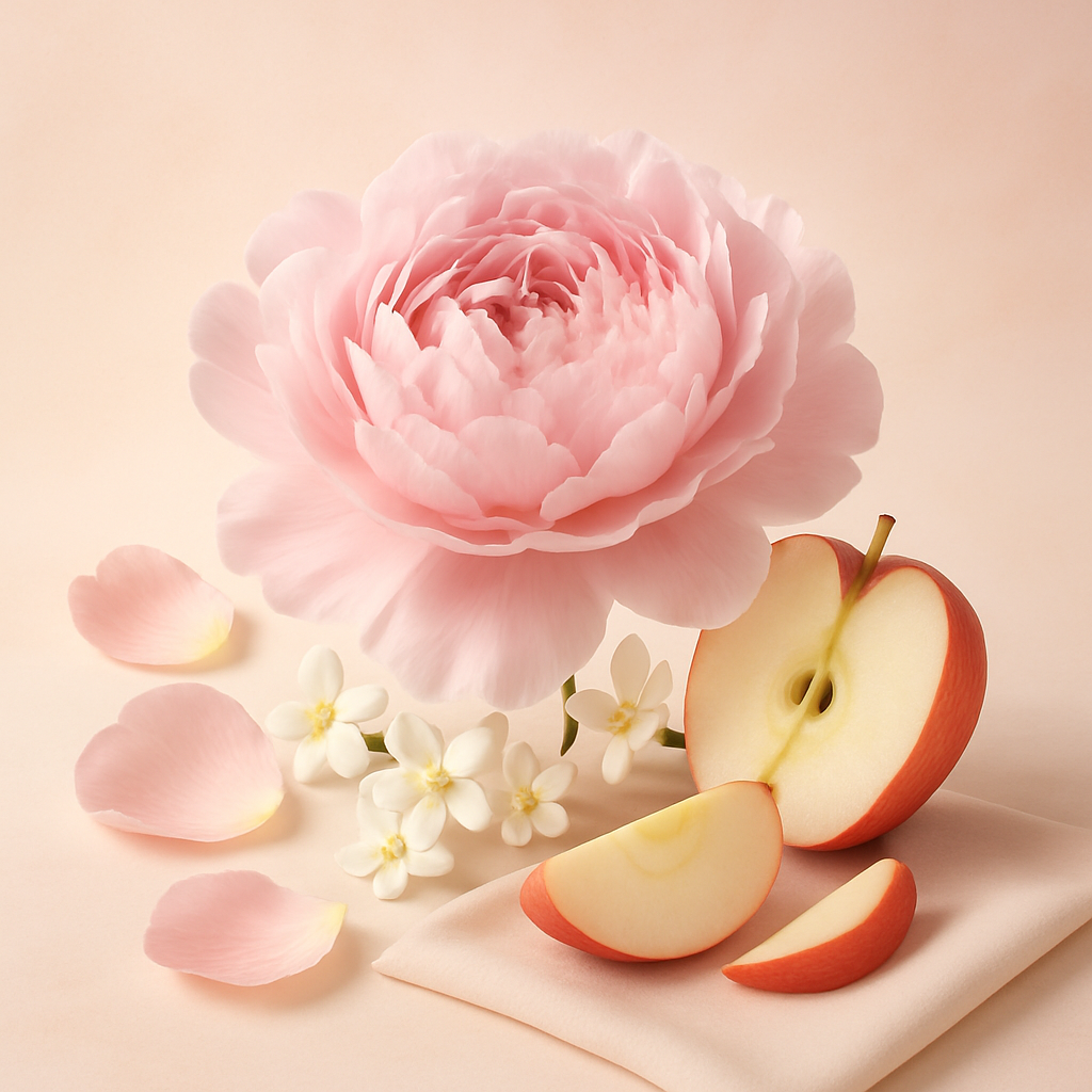 Casa De Lumière eco-luxury wax melts – Peony Muse fragrance (peony, blush suede, rose, apple). Hand-poured in Cheshire, UK. Visual representation of fragrance notes.