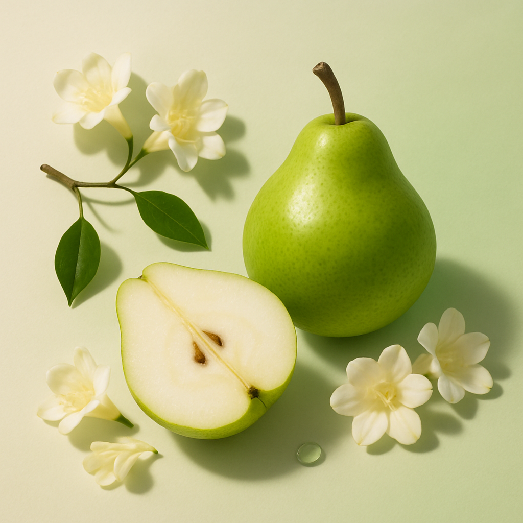 Casa De Lumière eco-luxury wax melts – Silken Echo fragrance (pear, freesia, rose, musk). Hand-poured in Cheshire, UK. Visual representation of fragrance notes.