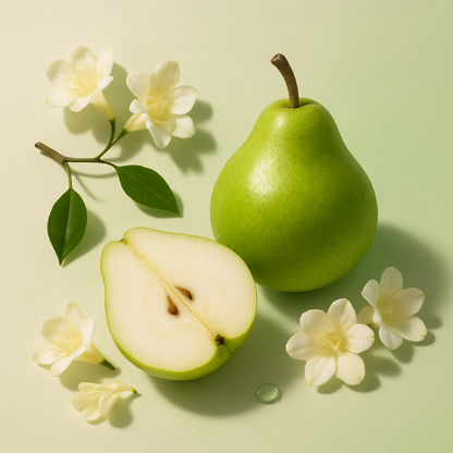 Casa De Lumière eco-luxury wax melts – Silken Echo fragrance (pear, freesia, rose, musk). Hand-poured in Cheshire, UK. Visual representation of fragrance notes.