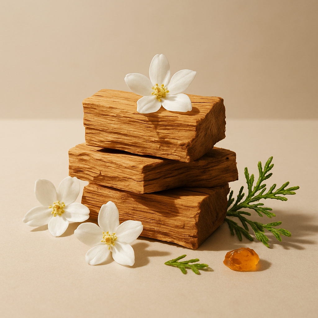 Casa De Lumière eco-luxury wax melts – Tibetan Bloom fragrance (Himalayan cedar, jasmine, amber). Hand-poured in Cheshire, UK. Visual representation of fragrance notes.