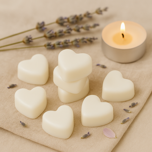 Casa De Lumière Tranquil Essence Discovery Set featuring Vanilla Grove, Witch’s Cradle, Étreinte, and Obsidian Bloom heart-shaped wax melts in eco glassine bags.