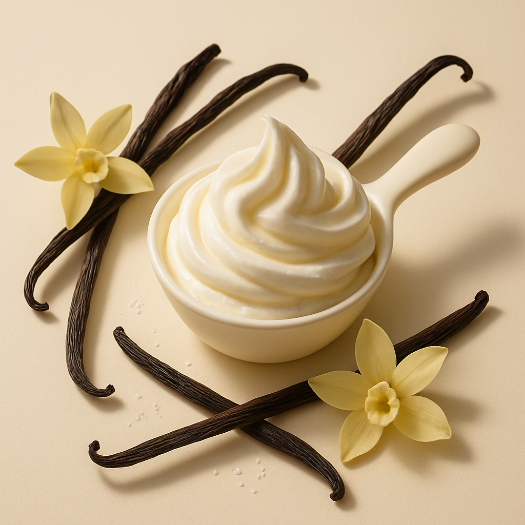 Casa De Lumière eco-luxury wax melts – Vanilla Grove fragrance (creamy vanilla, soft woods, sugar). Hand-poured in Cheshire, UK. Visual representation of fragrance notes.