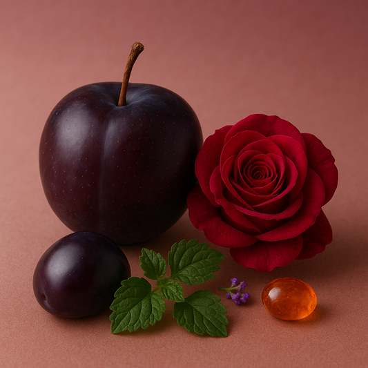 Casa De Lumière eco-luxury wax melts – Velvet Bloom fragrance (damson plum, rose, patchouli). Hand-poured in Cheshire, UK. Visual representation of fragrance notes.