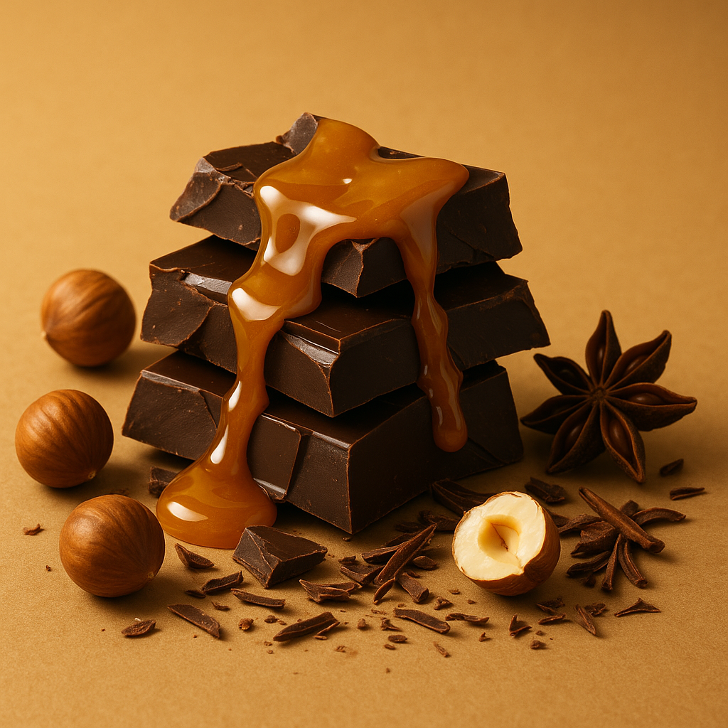 Casa De Lumière eco-luxury wax melts – Wicked Whip fragrance (chocolate, hazelnut, caramel, spice). Hand-poured in Cheshire, UK. Visual representation of fragrance notes.