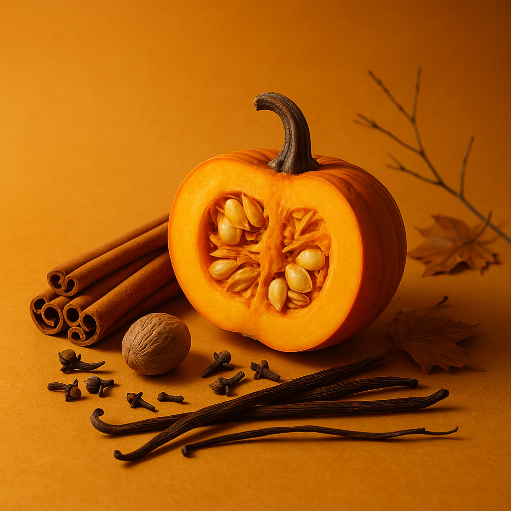 Casa De Lumière eco-luxury wax melts – Witch’s Cradle fragrance (pumpkin, cinnamon, clove, vanilla). Hand-poured in Cheshire, UK. Visual representation of fragrance notes.