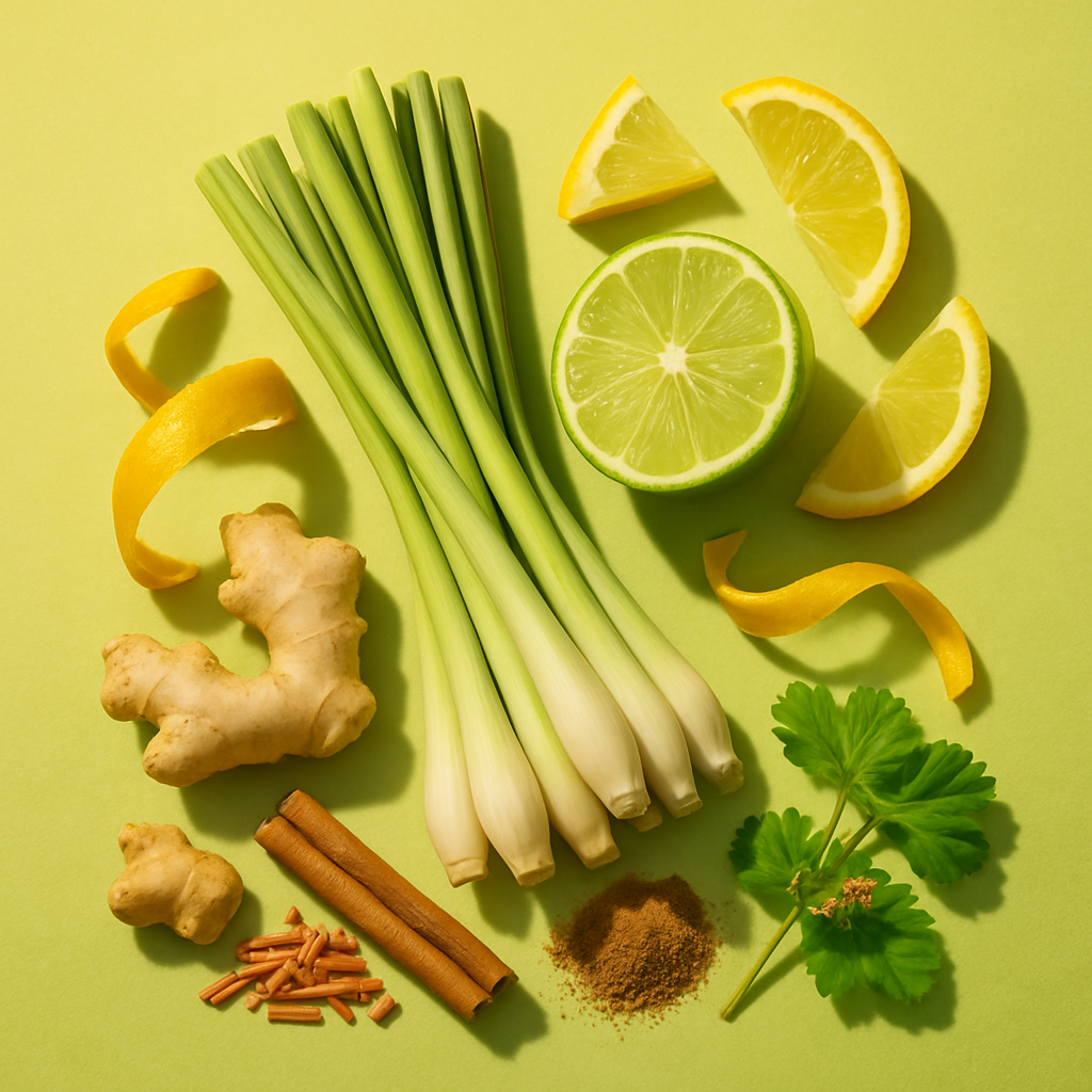 Casa De Lumière eco-luxury wax melts – Zest Botanica fragrance (lemongrass, citrus zest, ginger). Hand-poured in Cheshire, UK. Visual representation of fragrance notes on a fresh green background.