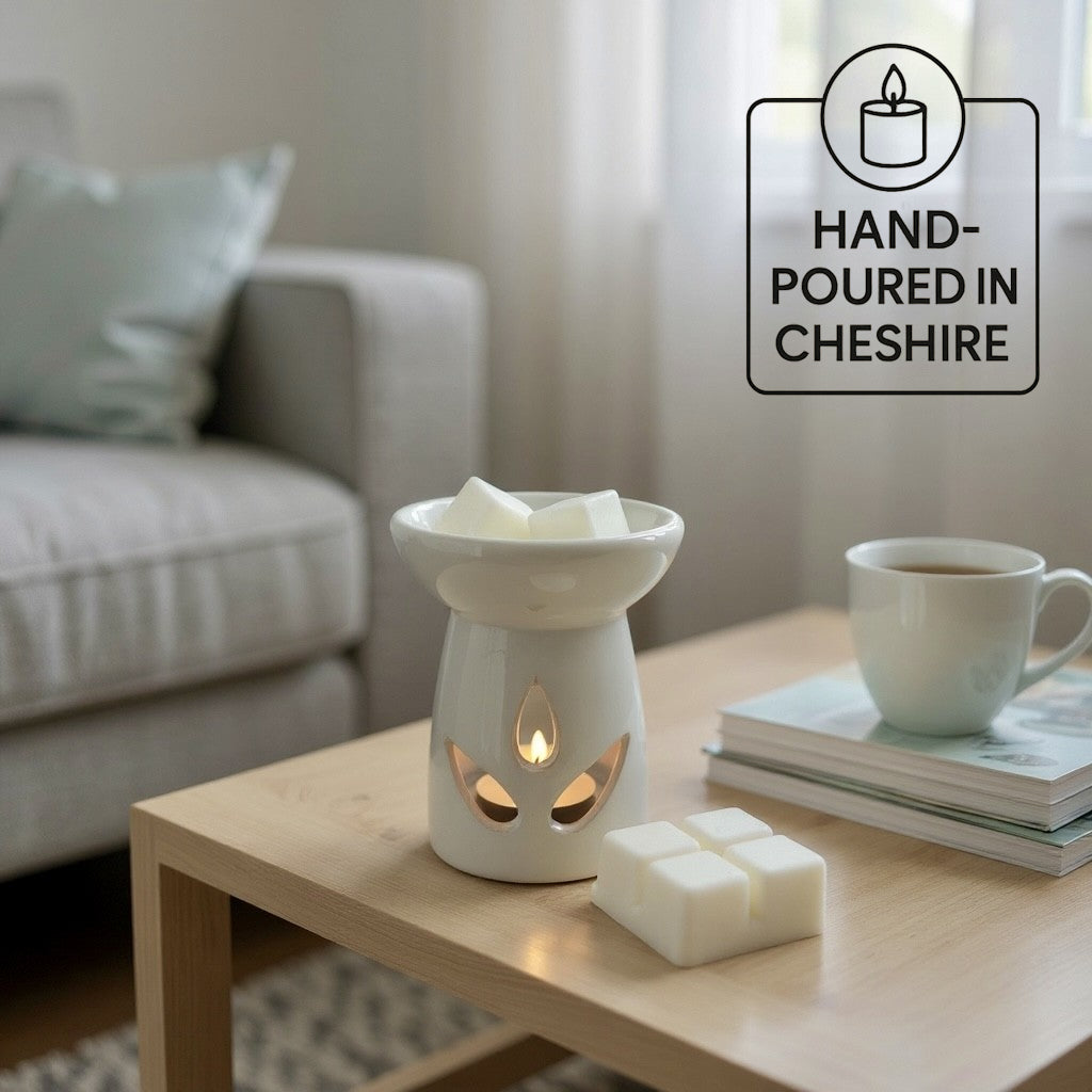 Casa De Lumière eco-luxury wax melts shown melting in a white ceramic burner on a coffee table, with a cup of tea and books beside it. Lifestyle image with “Hand-Poured in Cheshire” branding.