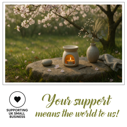 Casa De Lumière eco-luxury wax melts – Supporting UK Small Business. Lifestyle image with a candlelit wax melt burner on a stone slab under blossom trees, with the message “Your support means the world to us!”