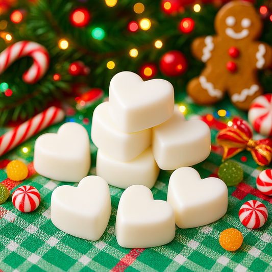 Casa De Lumière Christmas Discovery Set featuring Festive Forest, Winter Spice, Peppermint Twist, and White Christmas heart-shaped wax melts in eco glassine bags.